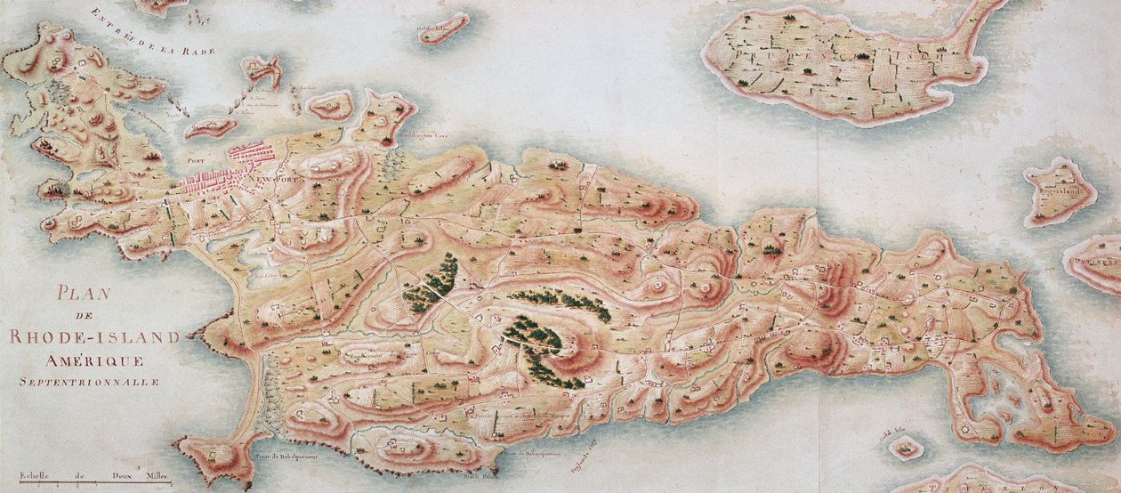 Karte von Rhode Island zur Zeit der Besetzung 1780-81 durch die französische Armee auf Befehl von Jean-Baptiste de Vimeur (1725-1807), Graf von Rochambeau von French School