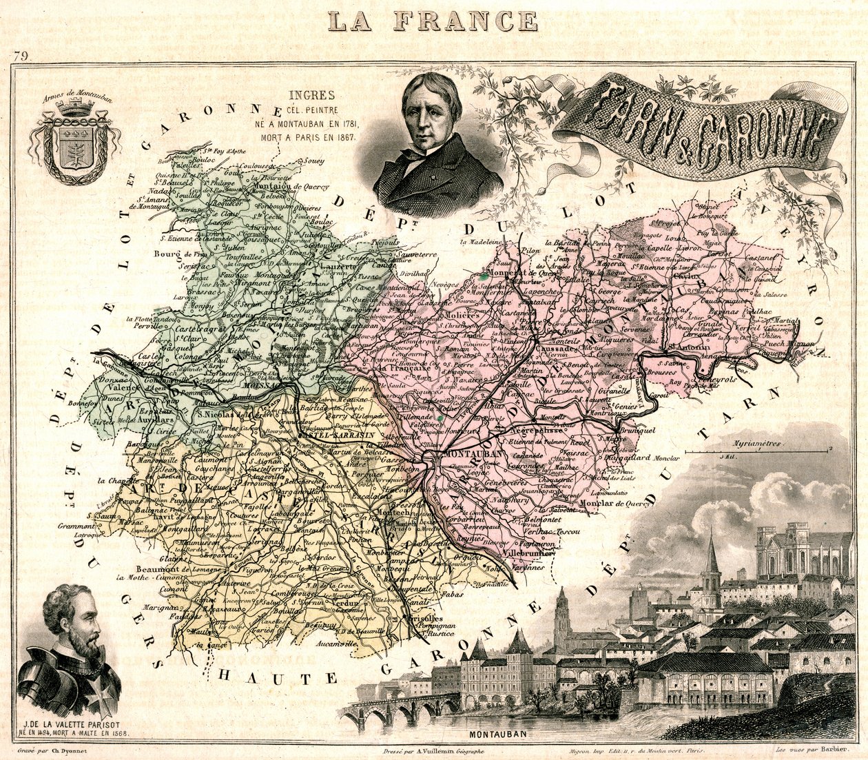 Karte von Tarn-et-Garonne mit einer Ansicht von Montauban und Porträts von Ingres und Jean Parisot de La Valette von French School