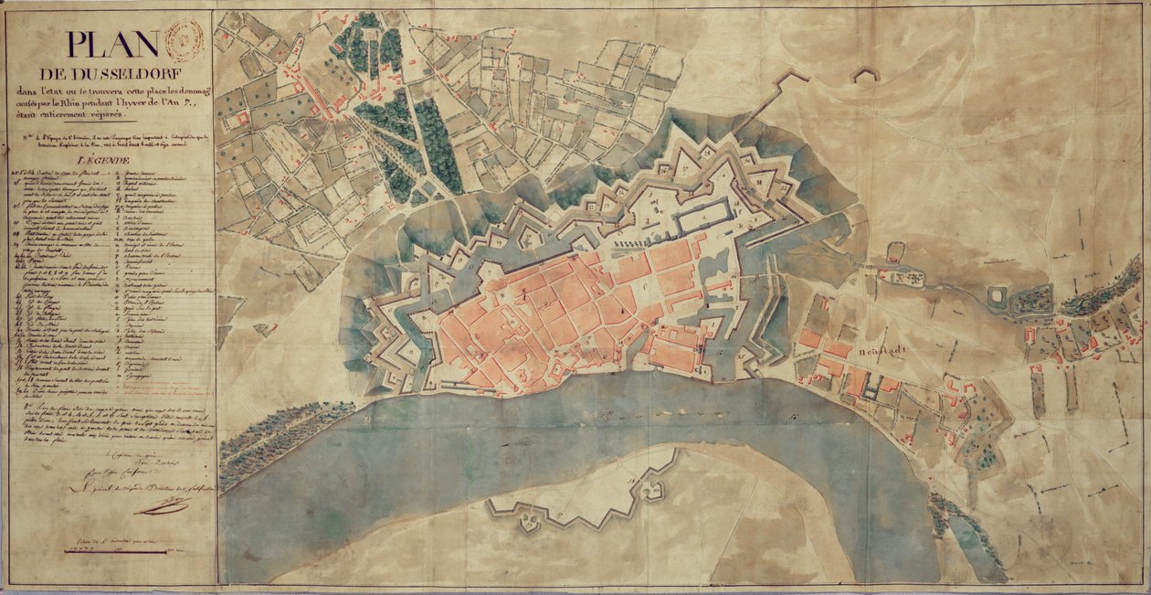 Karte der durch den Rhein verursachten Schäden, Düsseldorf, 1799 von French School