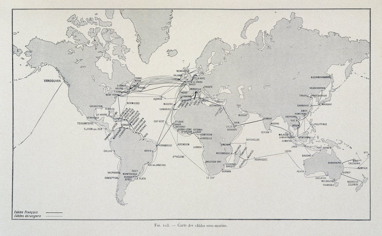 Karte der Unterseekabel weltweit - in „Durch Elektrizität“ von G. Davy von French School