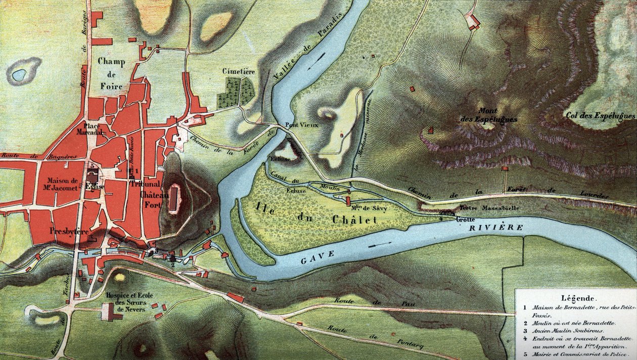 Karte des Landes Lourdes im Jahr 1858, dem Jahr der Visionen von Bernadette Soubirous: Sie zeigt den Standort ihres Hauses und der Höhle. Hochpyrenäen (65). Chromolithographie in "Notre Dame de Lourdes" von Henri Lasserre von French School