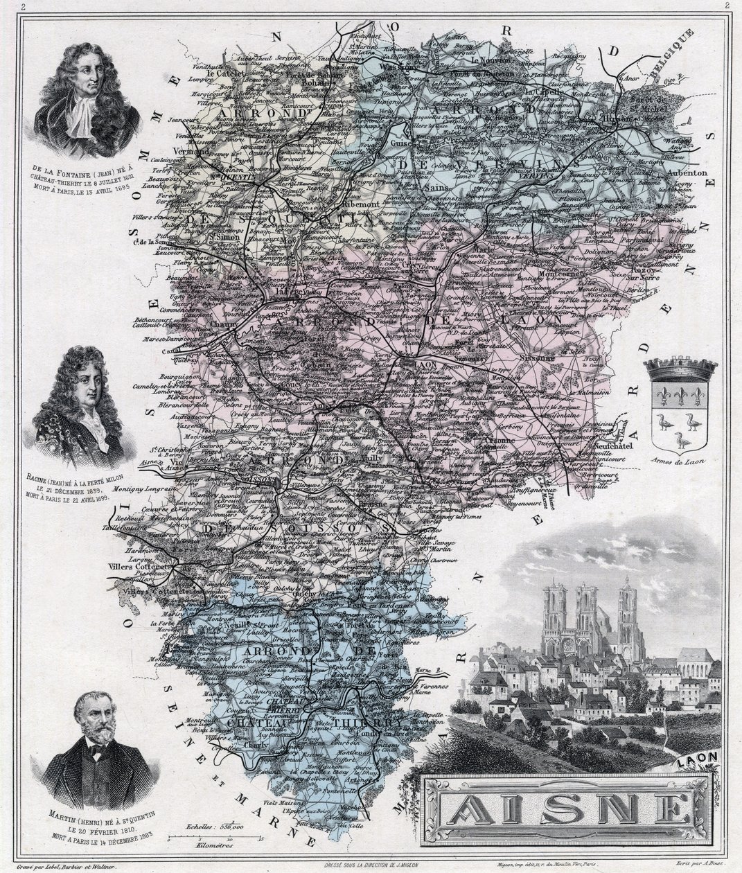 Karte des Departements Aisne (Gravur 1889) von French School