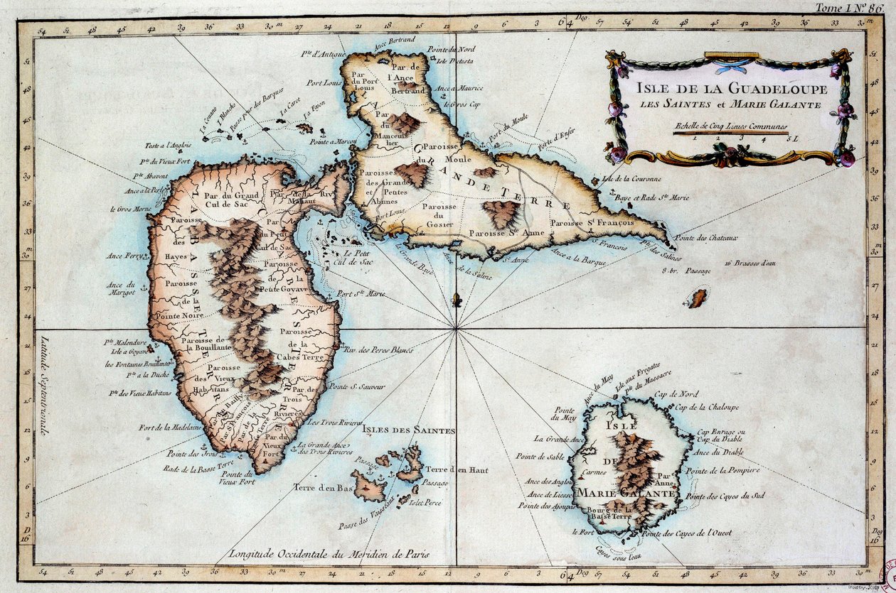 Karte der Insel Martinique, der Insel Saintes und der Insel Marie Galante in den Westindischen Inseln. Gravur des 19. Jahrhunderts von French School