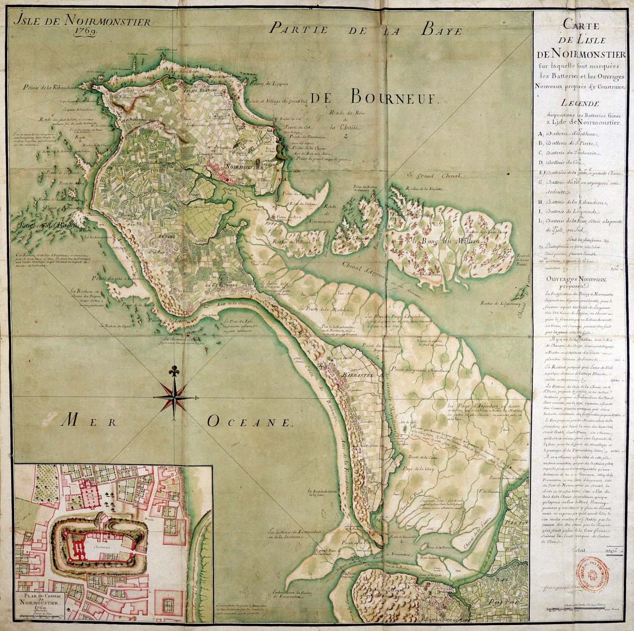 Karte der Insel Noirmoutier begleitet von einer Karte des Schlosses, erstellt 1769. von French School