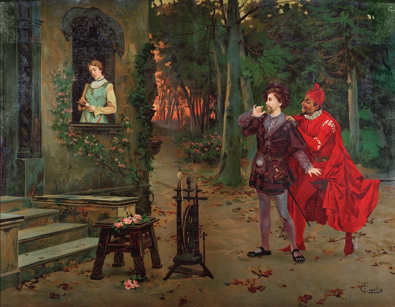 Marguerite, Faust und Mephisto Szene aus Faust von Charles Gounod (1818-1893), ca. 1900 von French School