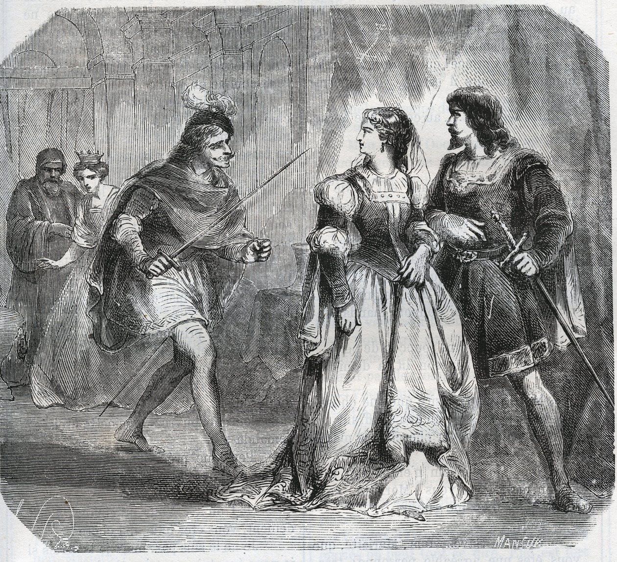 Margarete von Bayern, Herzogin von Burgund (1363-1423) und Königin Isabeau (Isabelle, Elisabeth) von Bayern (1371-1435) trennen Louis I. von Valois, Herzog von Orléans (1372-1407) und Jean Ohnefurcht, Herzog von Burgund (1371-1419), die um die Regierung kä von French School