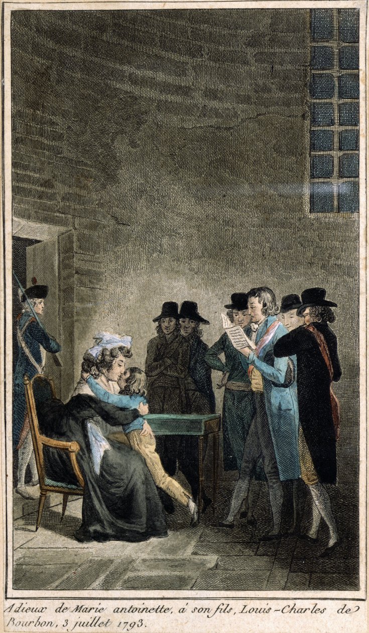 Marie-Antoinette (1755-1793) verabschiedet sich von ihrem Sohn, dem Dauphin, Louis-Charles de Bourbon (1785-1795) im Temple, 3. Juli 1793 von French School