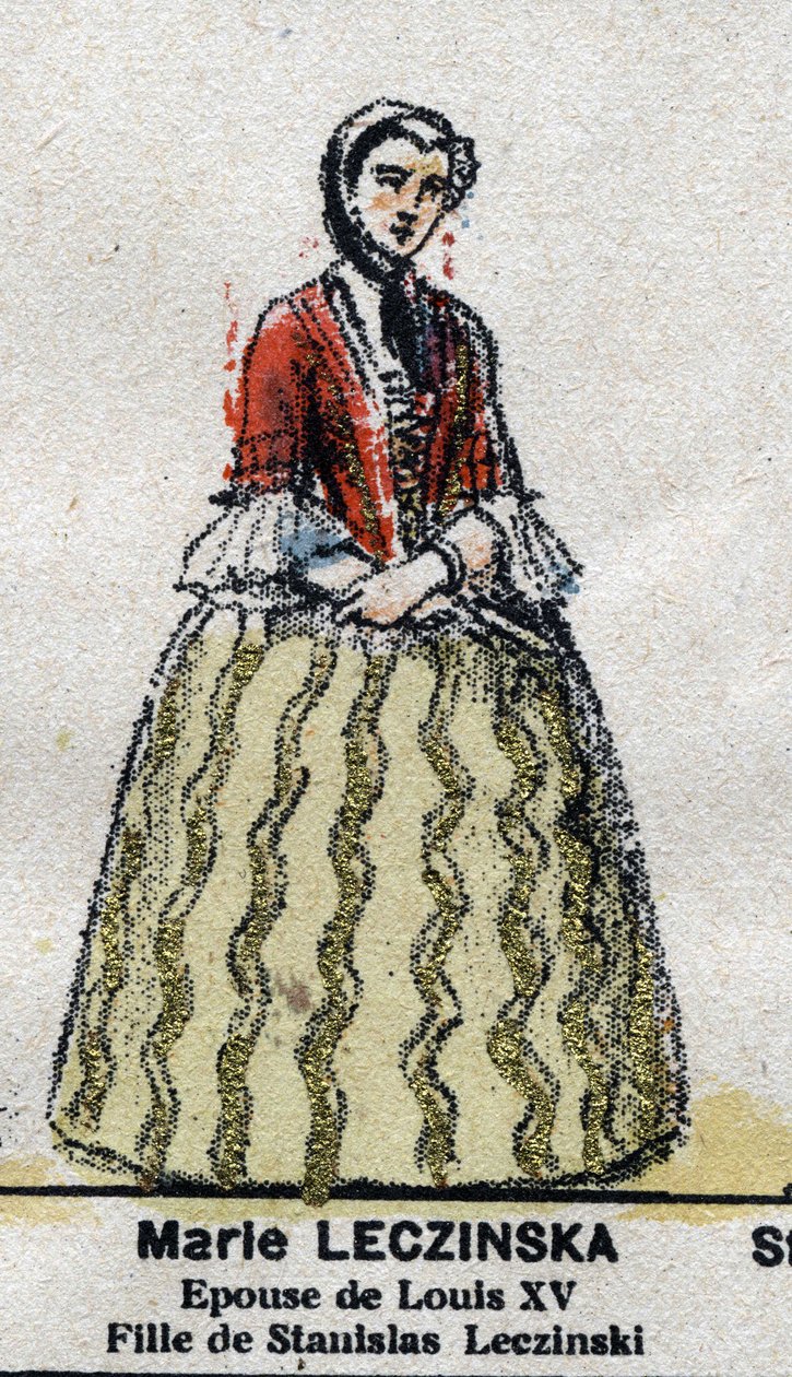 Marie Leszczynska (1703-1768), Königin von Frankreich, Ehefrau von Ludwig XV. In „Galerie der Könige und Königinnen von Frankreich und berühmter Persönlichkeiten von 1643 bis 1895“ Epinal-Bild. von French School