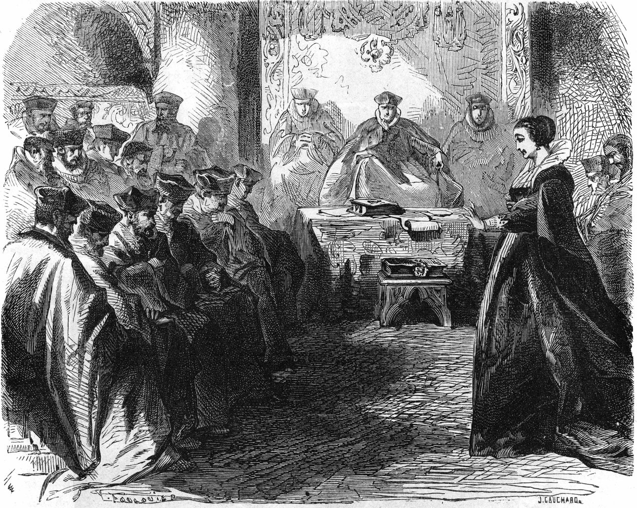 Marie Stuart (1542-1587) während ihres Prozesses im Jahr 1587. In „Histoire de la France“, Gravur des 19. Jahrhunderts. von French School