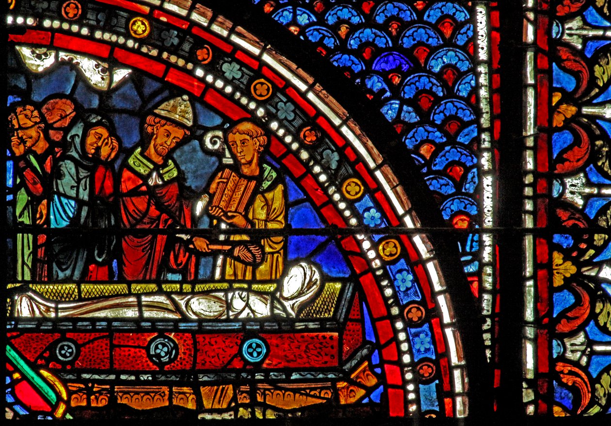 Maria-Magdalena-Fenster: Geistliche beim Begräbnis von Lazarus von French School