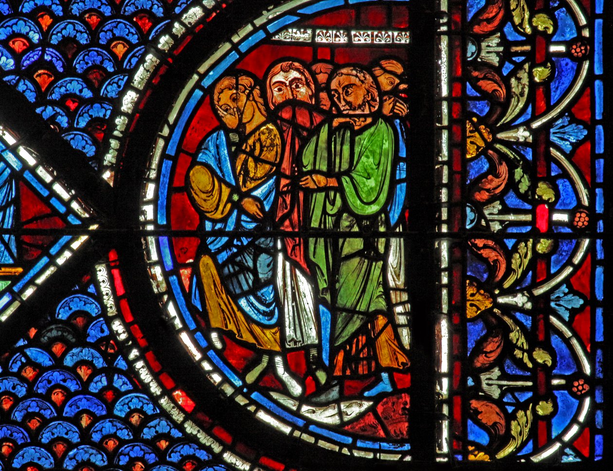 Maria-Magdalena-Fenster: Menschen bei der Auferweckung des Lazarus von French School