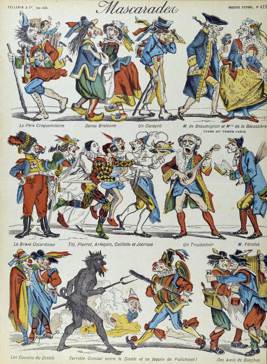 Maskerade: maskierte Karikaturfiguren - Bild von Epinal von French School