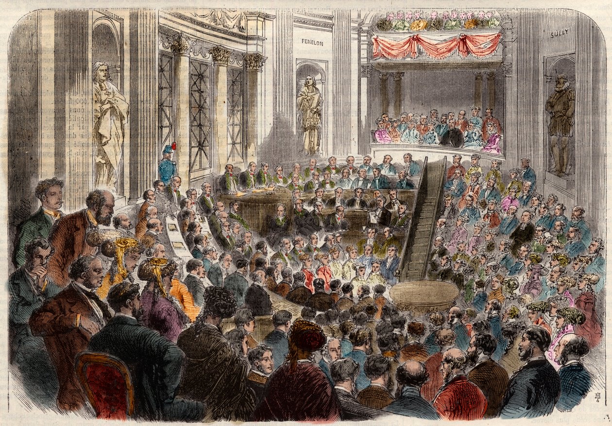 Sitzung der französischen Akademie am 23. April 1868. Empfang von Monsieur Jules Favre (1809-1880), französischer Politiker. Gravur in „L