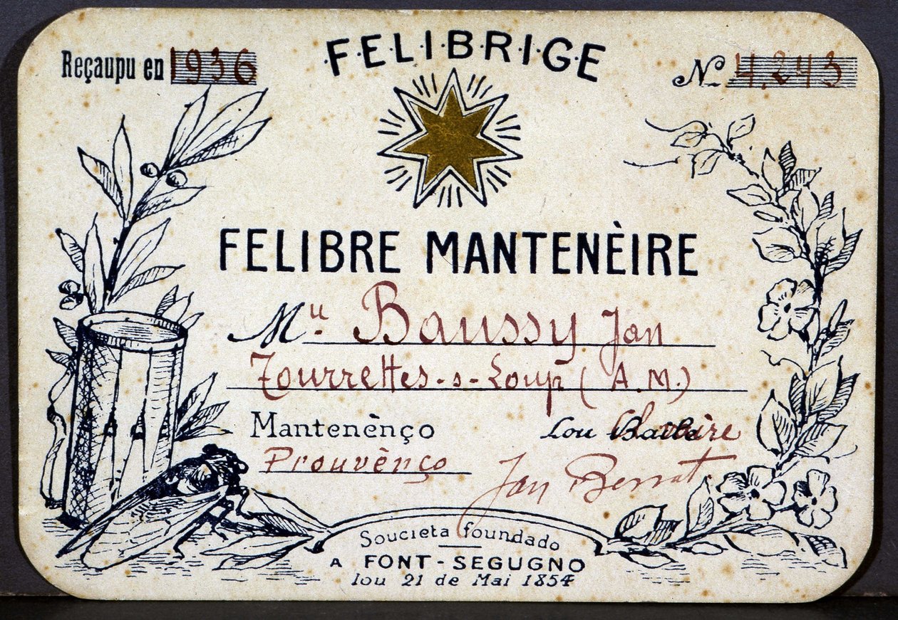 Mitgliedskarte von Jan Baussy bei der Felibrige, Felibre-Vereinigung von French School