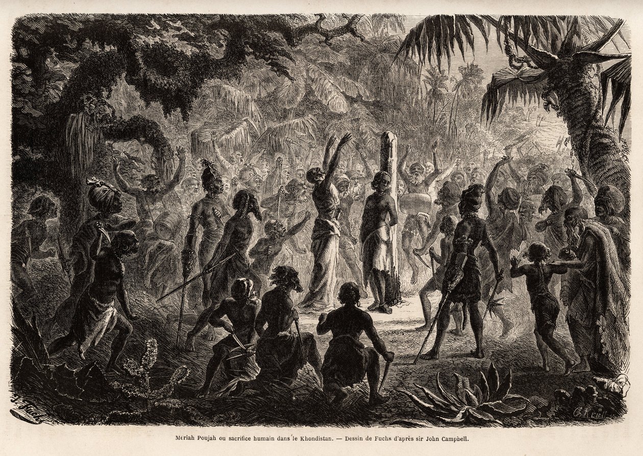 Meriah Pujah oder Menschenopfer, Khondistan (Englische Indien). Zeichnung von Fuchs, zur Illustration von Major John Campbells Studie über Menschenopfer in den Englischen Indien von French School