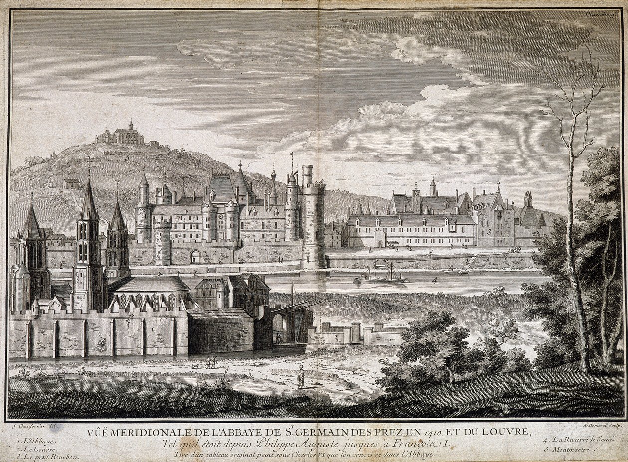 Südansicht der Abtei Saint Germain des Pres und des Louvre im Jahr 1410 von French School