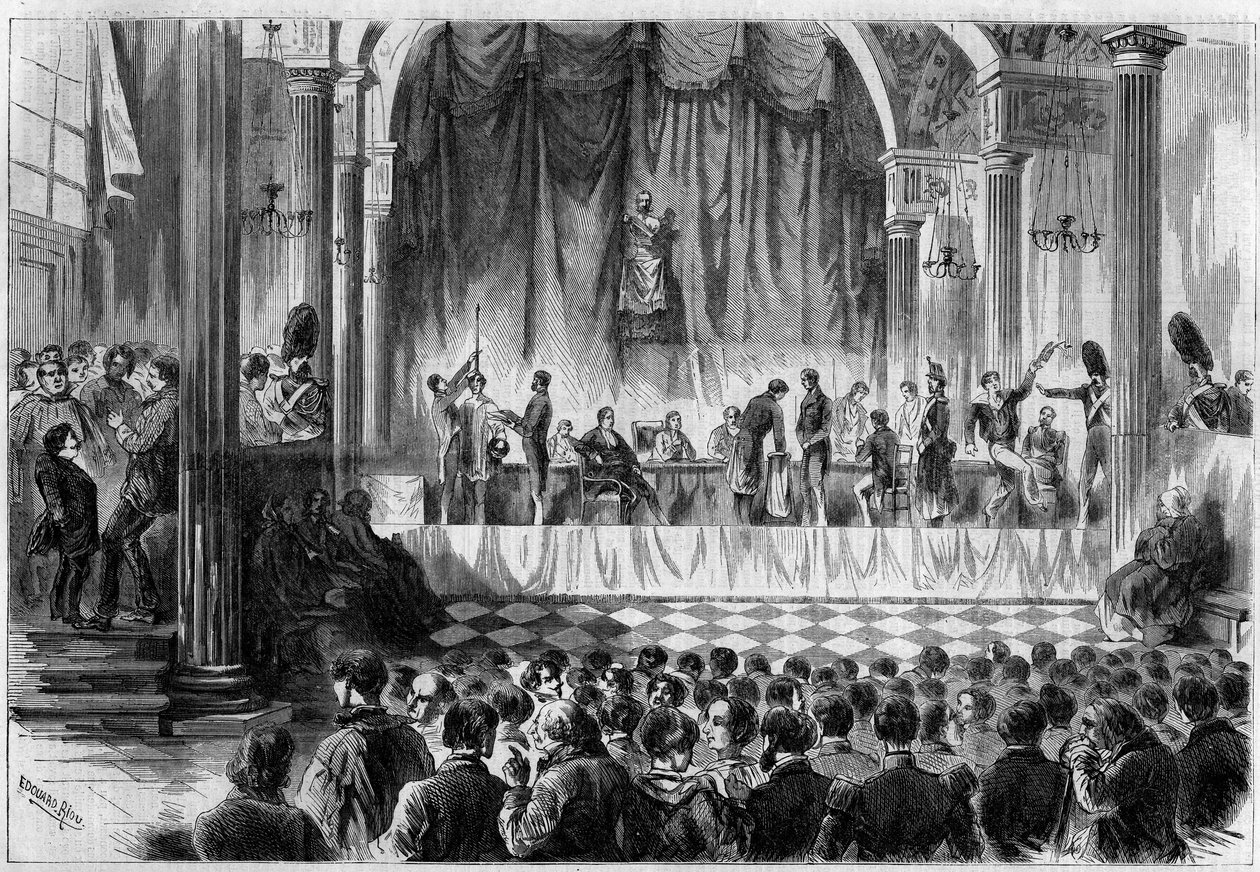 Militärrekrutierung: Auslosung für Wehrpflichtige von 1858 im Saint-Jean-Saal des Hôtel de Ville in Paris. Gravur in „Le Monde Illustré“ Nr. 44 vom 13. Februar 1858. von French School