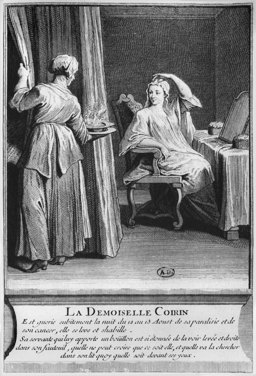 Wundersame Heilung der Lähmung und des Krebses von Demoiselle Coirin, am Grab von Diakon François de Paris auf dem Pfarrfriedhof Saint-Médard in Paris, Illustration aus La verite des miracles de M von French School