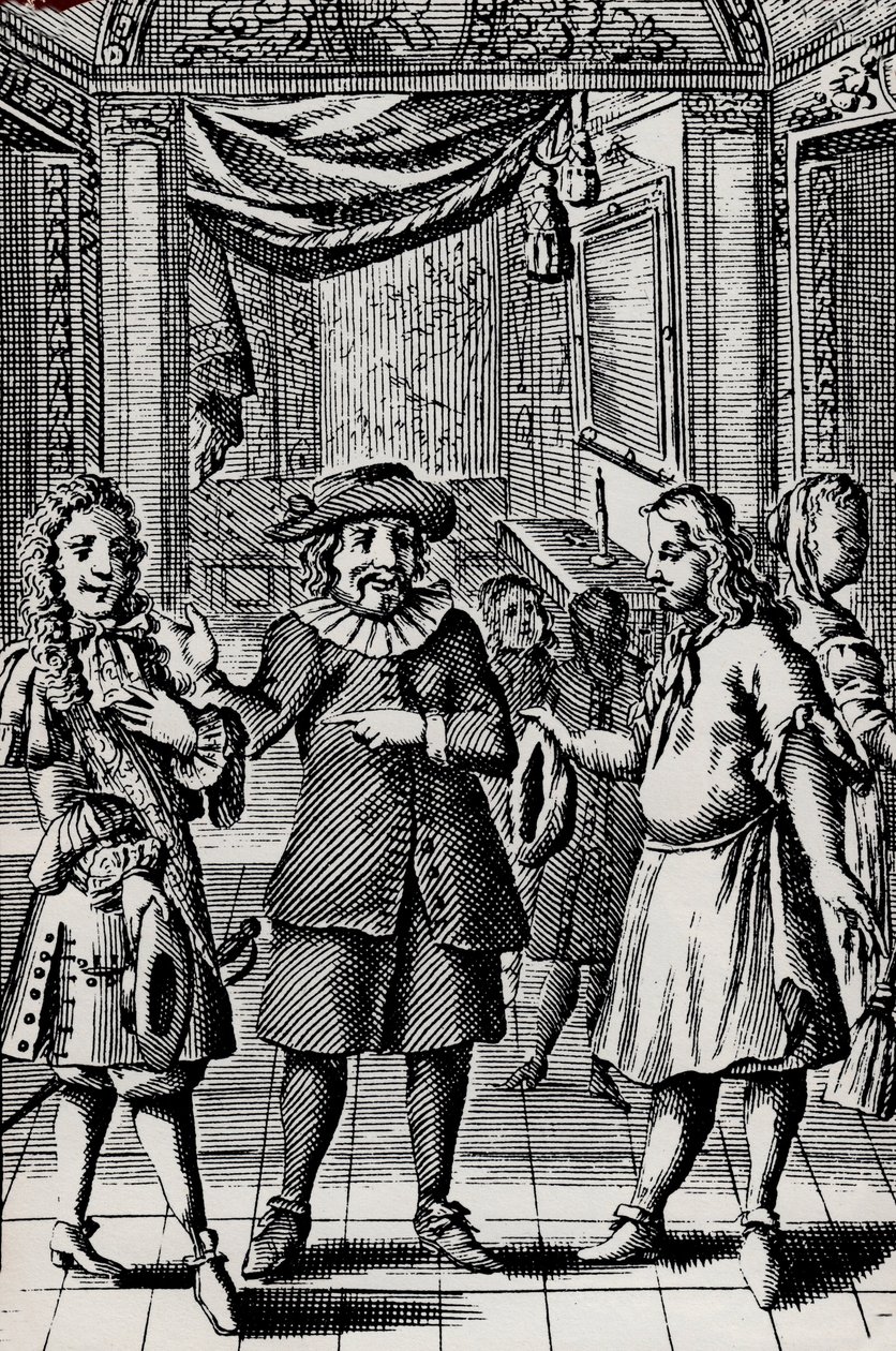 Der Geizige, Gravur aus Molières Werk, Pseudonym von Jean-Baptiste Poquelin (1622-1673) - Szene aus dem Stück L
