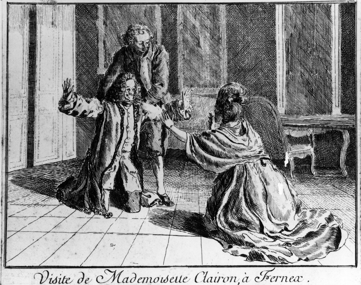 Mademoiselle Clairon (Josephe Leris de La Tude genannt Mademoiselle Clairon) (1723-1803), französische Schauspielerin, besuchte Ferney bei Voltaire. Gravur aus dem 18. Jahrhundert. von French School