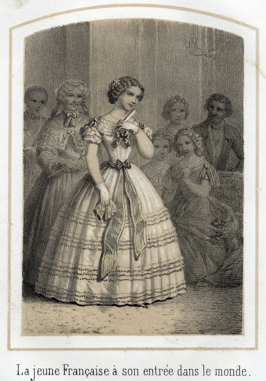 Mondanität: Die junge Französin macht ihren Eintritt in die Welt. Sie wird von allen bewundert. Anonyme Gravur des 19. Jahrhunderts von French School