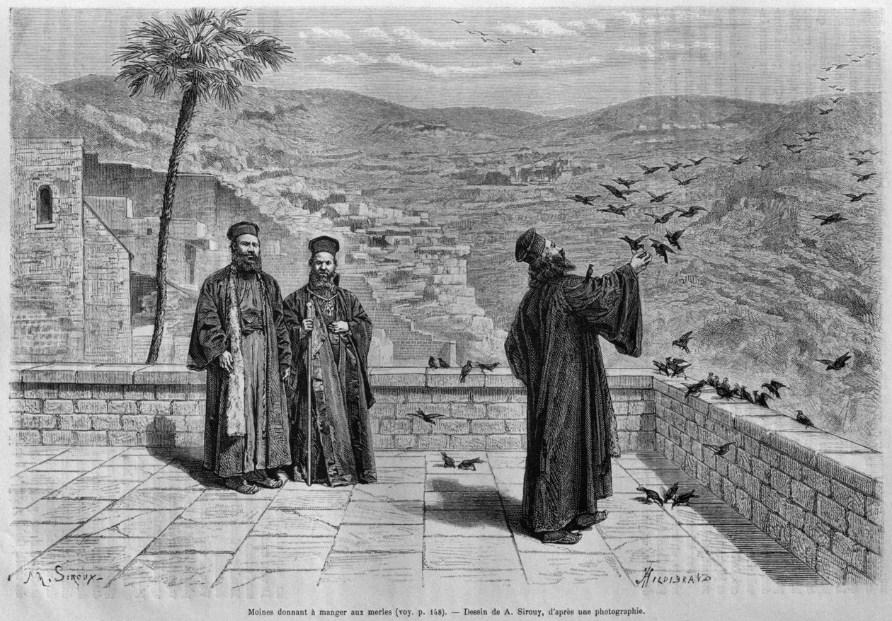 Mönch, der Vögel füttert, Kloster von Marsaha, aus La Syrie d