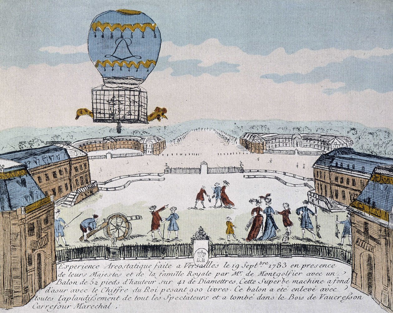 Montgolfiers erster Flug eines tierbesetzten Aerostats organisiert in Versailles, 19. September von French School