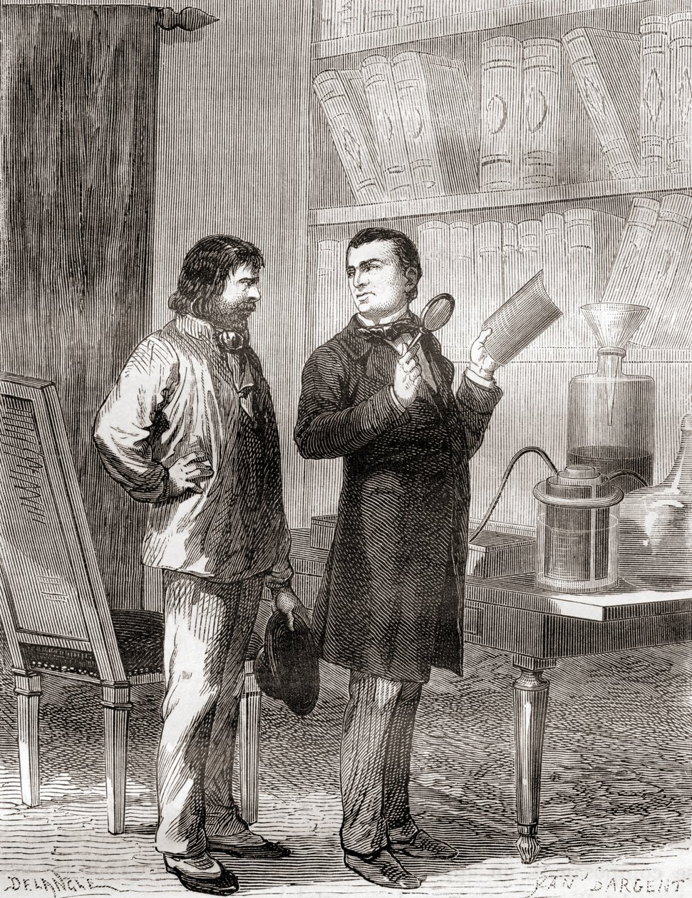 Moritz von Jacobi, rechts, entdeckt die Galvanoplastik oder das Elektrotypieren im Jahr 1838, aus Les Merveilles de la Science, veröffentlicht um 1870 (Gravur) von French School