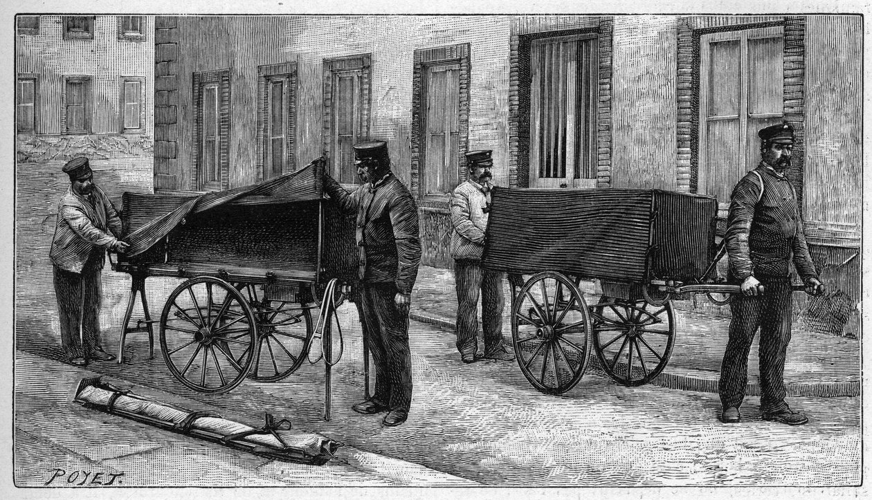 Leichenwagen in Paris: Armwagen zum Transport von Leichen zum Depot. Gravur in „La Nature. Revue des sciences et de ses applications aux arts et à l