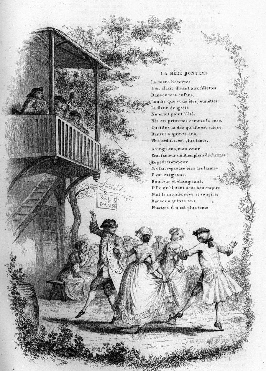 Mutter Bontems (Bontemps). Tanz junger Paare in einem Dorf mit Musikern auf dem Balkon. Gravur in „Chants et chansons populaire de la France“, Band 2 von French School