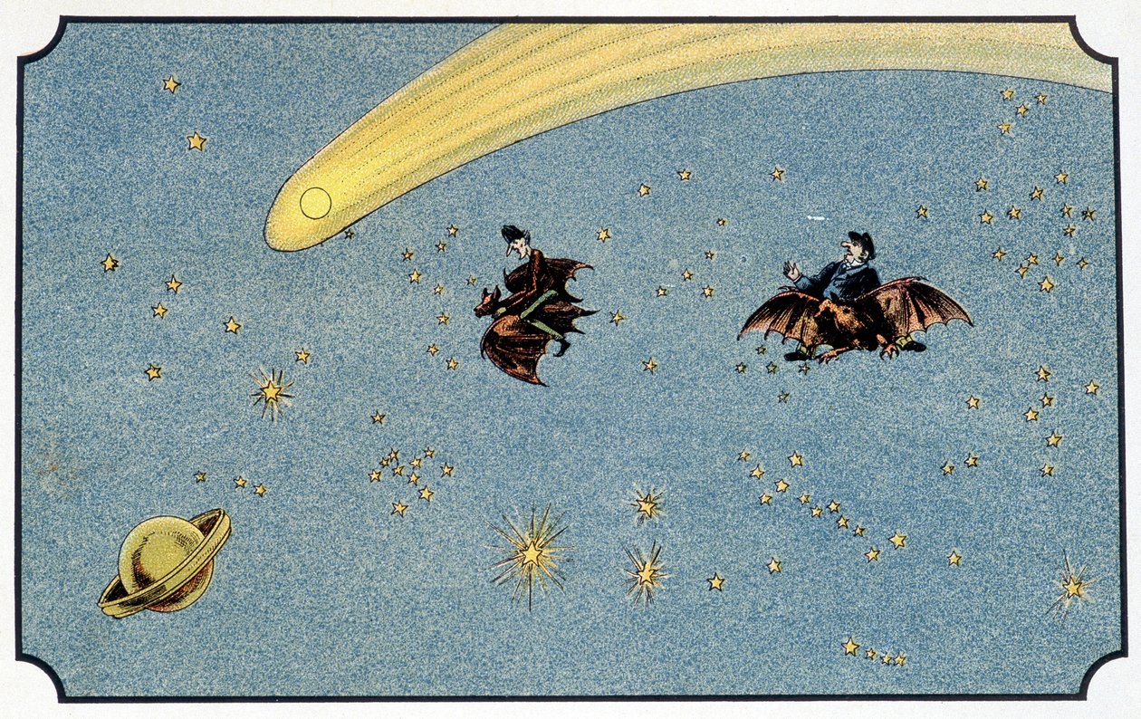 Herr Baboulifiche und sein Diener Papavoine reiten auf einer Fledermaus im Weltraum - in „Reise zum Mond“ von A. de Ville-d