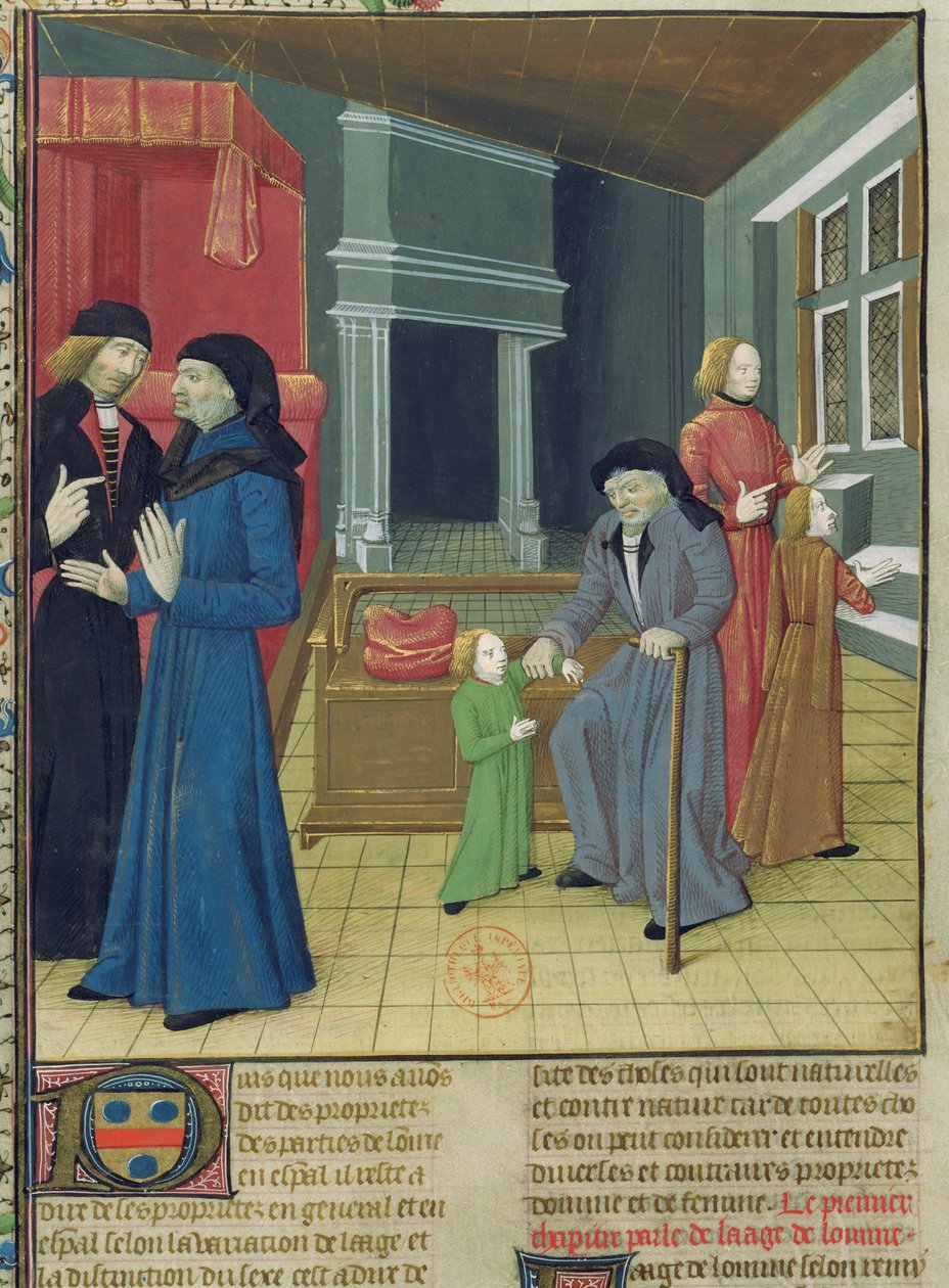 Ms.Fr.9140 fol.102v. Die sechs Lebensalter des Menschen aus Le Livre des Proprietes des Choses von Barthelemy l