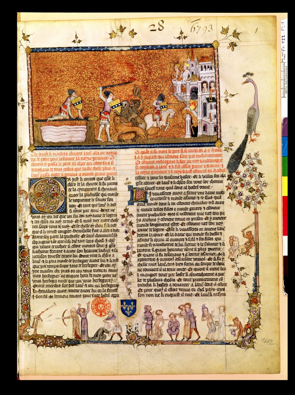 Sir Lancelot überquert die Schwertbrücke, aus dem Roman de Lancelot du Lac, 1344 von French School