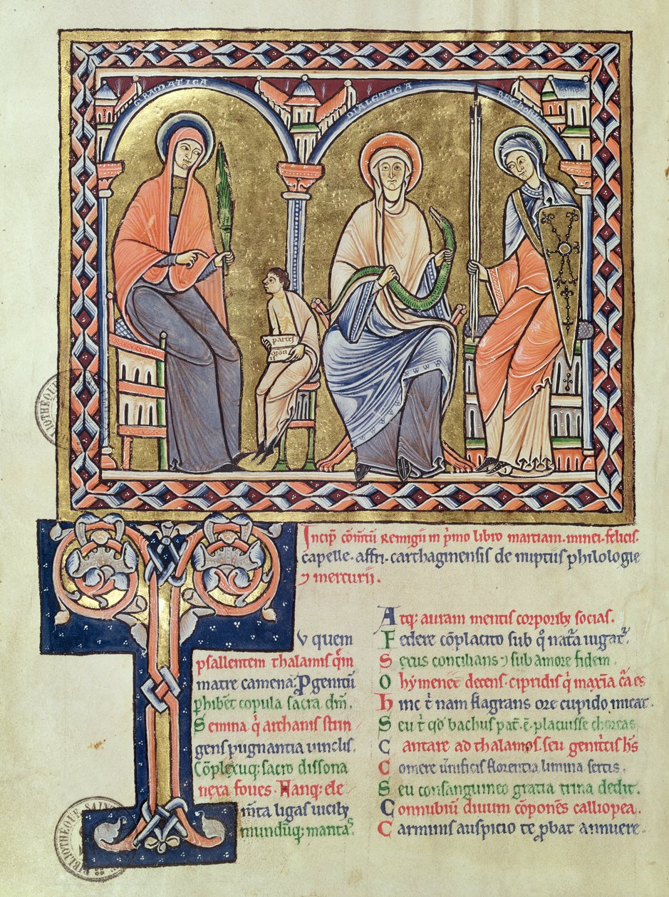 Ms 1041 f.1v Grammatik, Dialekt und Rhetorik aus Satyricon von Martianus Capella, um 1200 von French School