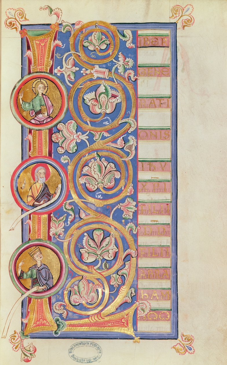 Ms 14 fol.23 Historisierte Initiale L mit Medaillons, aus einem Evangeliar von French School