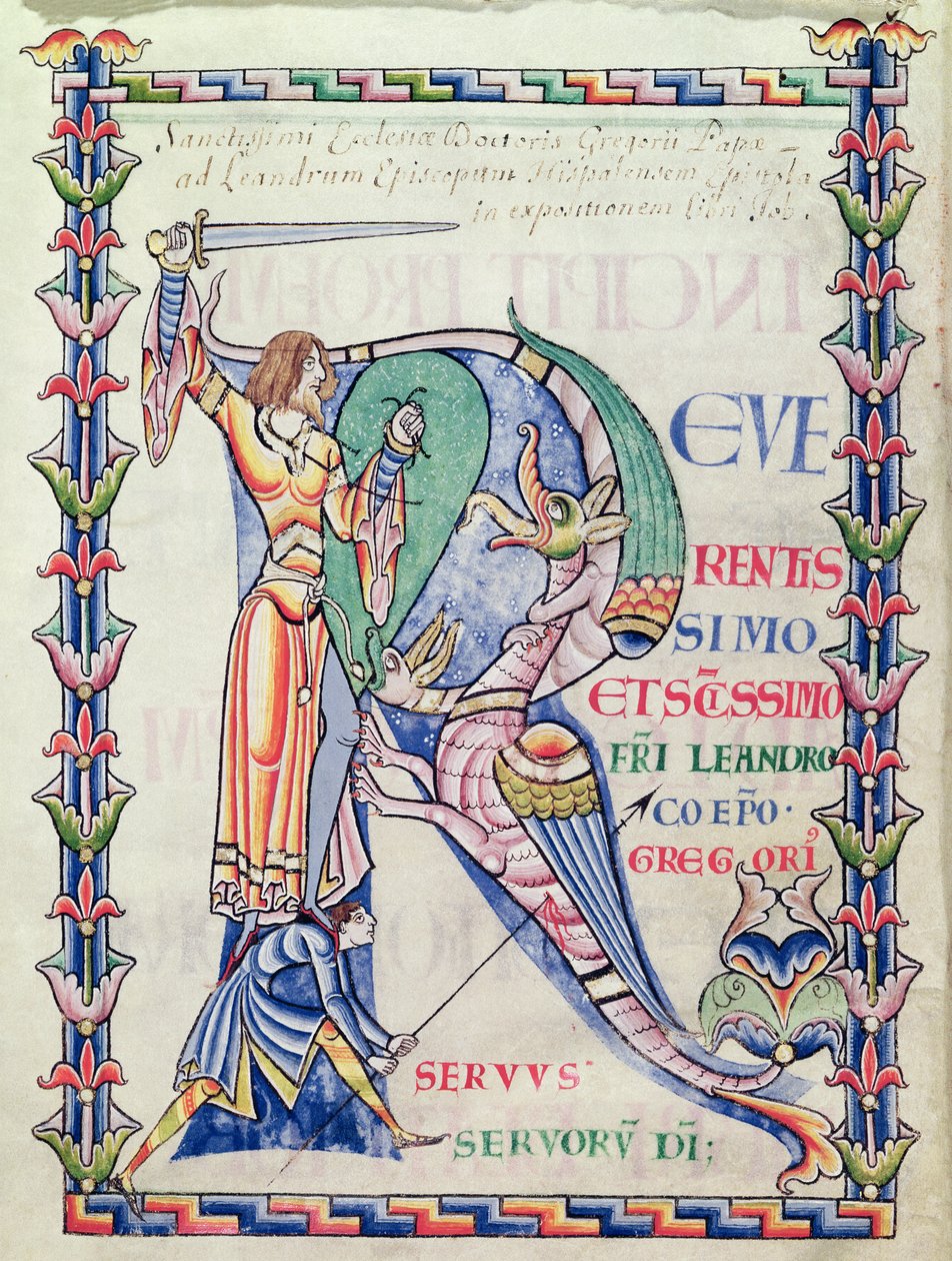 Historisierte Initiale R, die einen Ritter zeigt, der gegen einen Drachen kämpft, aus Moralia in Job von Papst Gregor dem Großen von French School