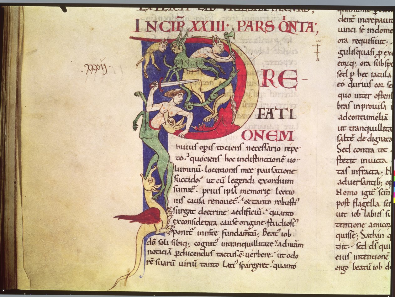 Ms 173 Historisierte Initiale P mit Zentauren, Drachen und Monstern, aus Moralia in Job von Papst Gregor dem Großen von French School