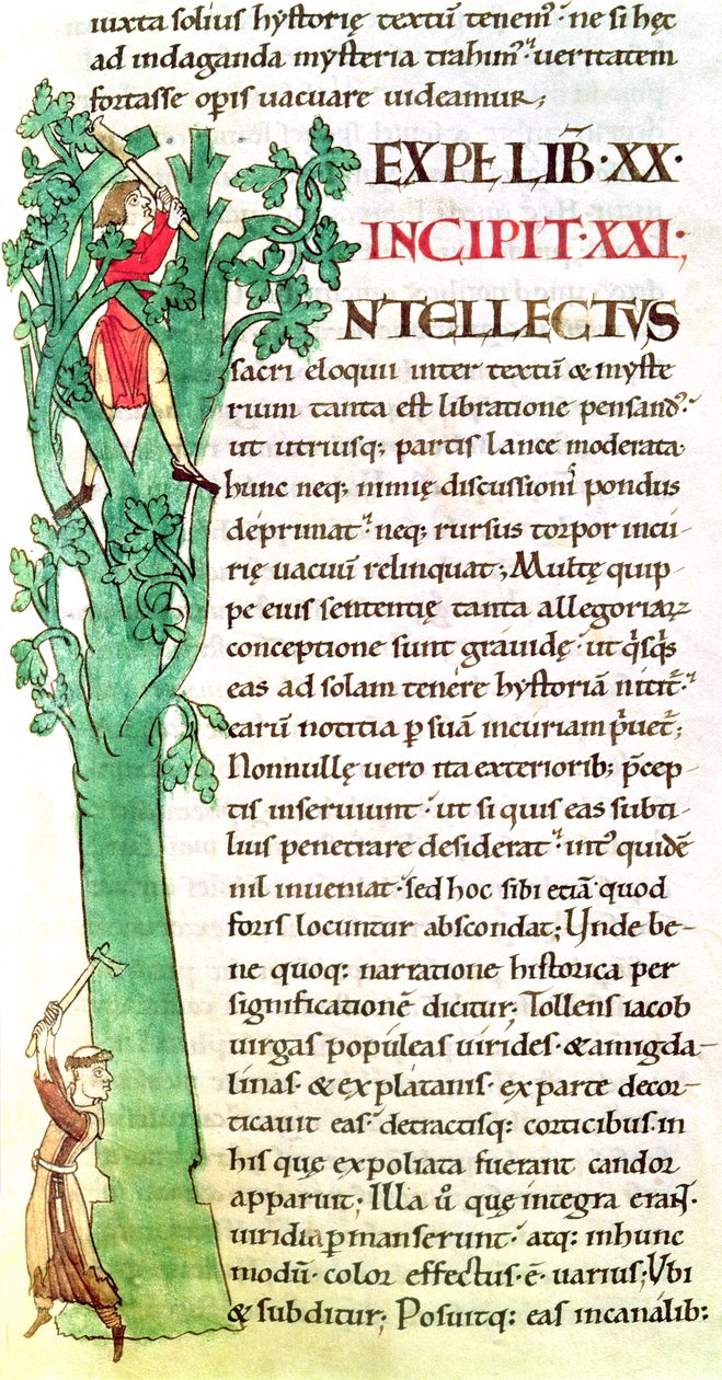 Ms 173 f.41 Historisierte Initiale I, die einen Mönch und einen Laien zeigt, die einen Baum fällen und beschneiden, aus Moralia in Job von Papst Gregor dem Großen von French School