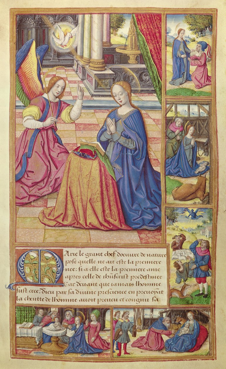 Ms 17 fol.2 Die Verkündigung und die Kindheit Christi, aus Vie des Femmes Celebres, ca. 1505 von French School