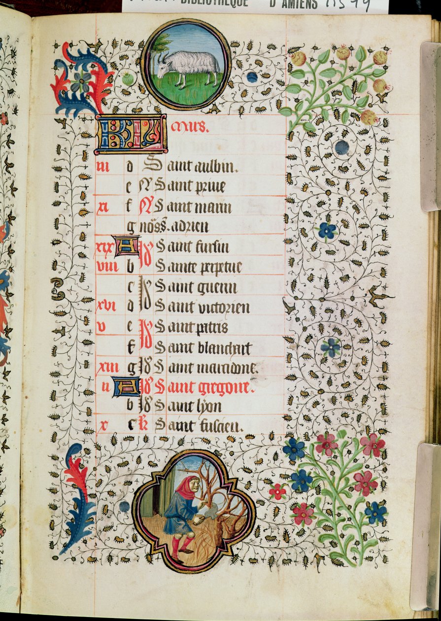 Ms 19 März: Widder und ein Mann, der Bäume fällt, aus einem Stundenbuch, frühes 15. Jahrhundert von French School