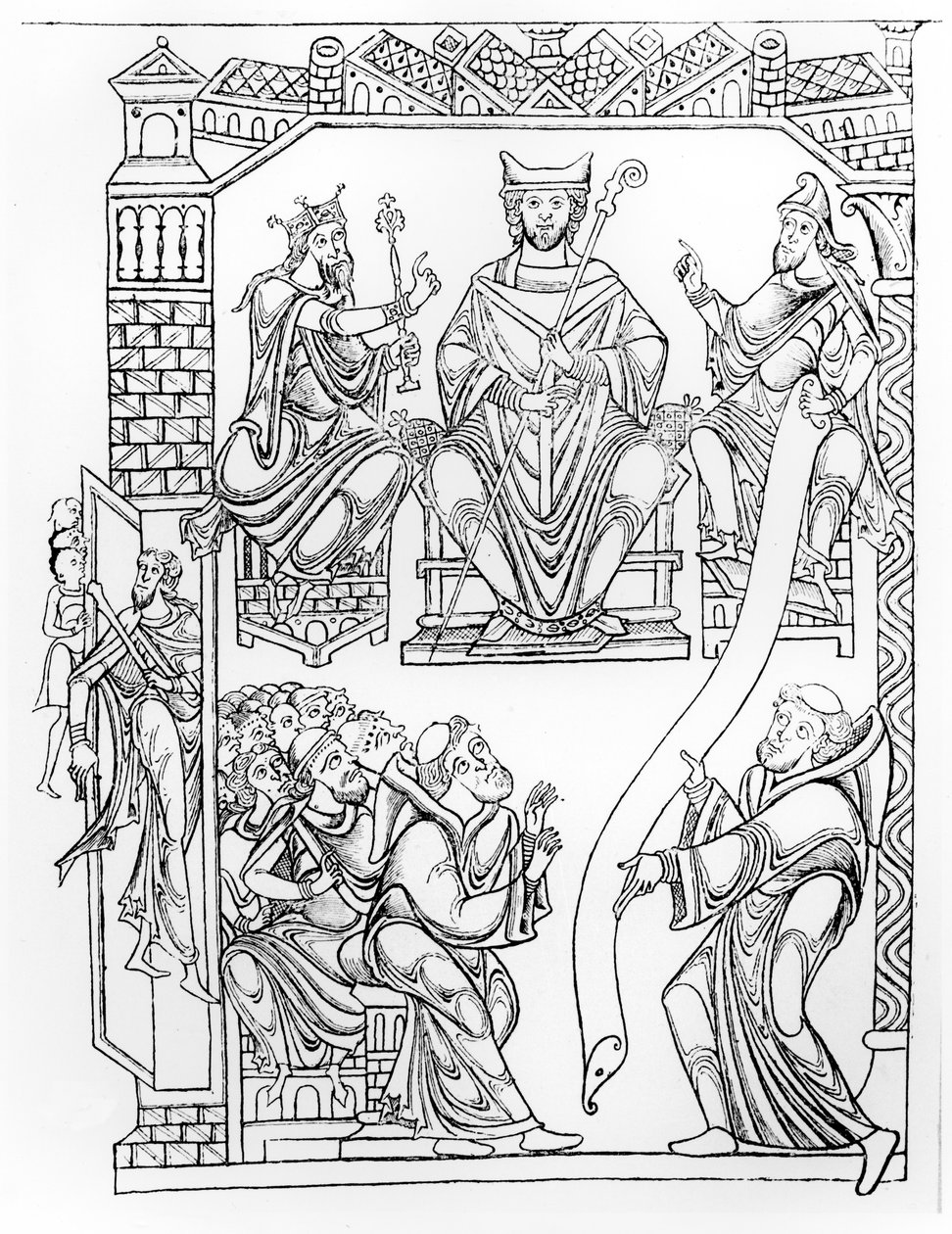 Ms 210 fol 19v. Chartular von Mont Saint-Michel: Herzog Richard II. von der Normandie schenkt dem Kloster Mont St. Michel Land und Privilegien (Stich nach einer Zeichnung aus den 1150er Jahren) von French School