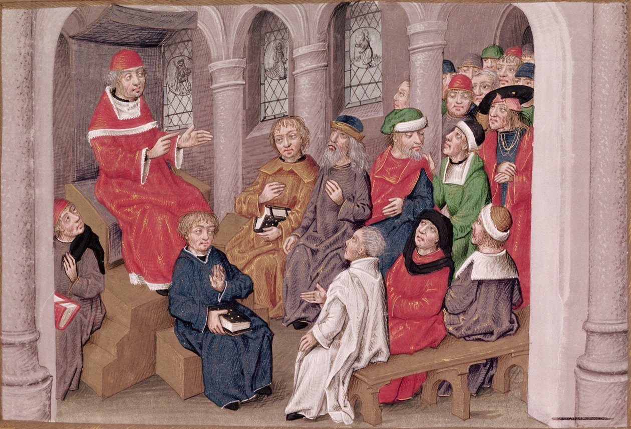 Ms 230 fol.25 Jean de Gerson (1363-1429) predigt die Passion nach dem Abendessen in der Kirche St. Bernhard, Paris, aus Sermons sur la Passion et Traites Divers, ca. 1480 von French School