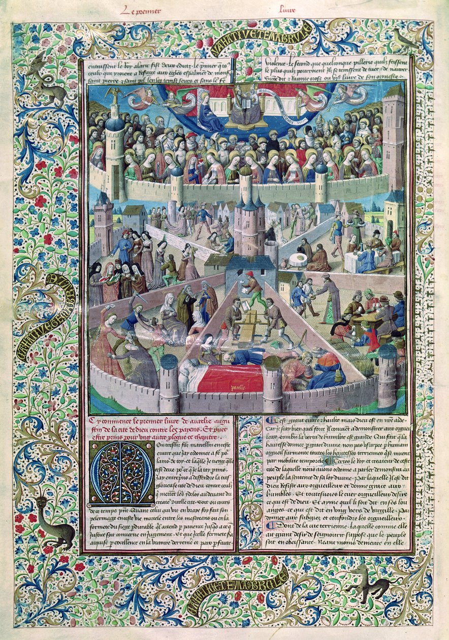 Ms 246 fol.3v Laster und Tugenden auf Erden, aus De Civitate Dei von St. Augustinus von Hippo (354-430) von French School