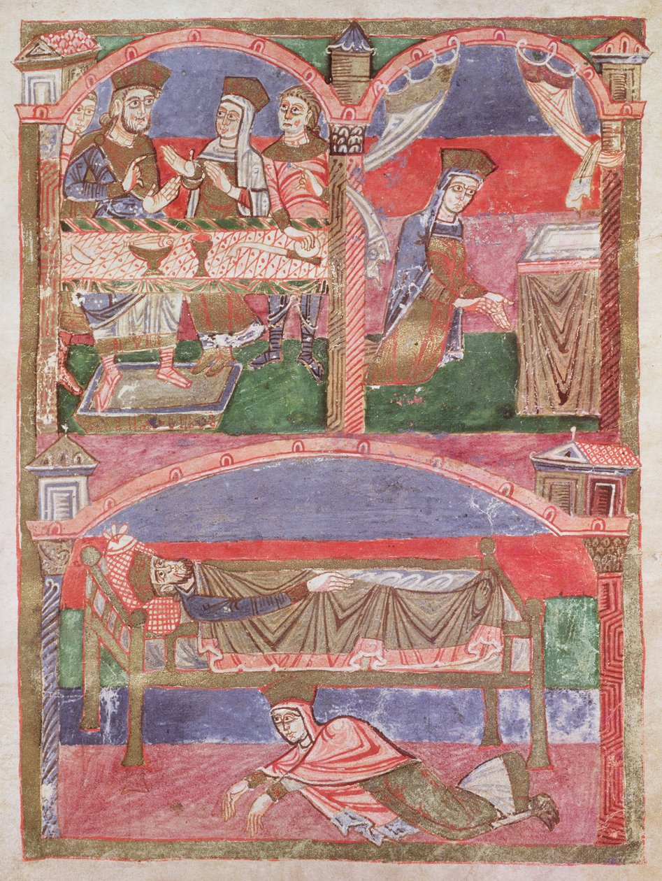 St. Radegund (518-87) am Tisch von Clothar I (497-561), in ihrem Oratorium und zu Füßen des königlichen Bettes, aus dem Leben der St. Radegund von French School