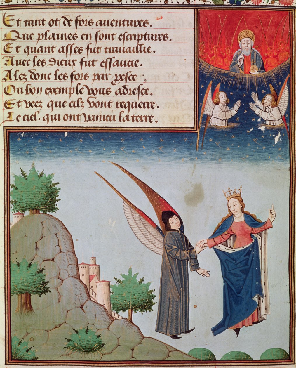 Ms 3045 fol.94r Lady Philosophie führt Boethius im Flug in den Himmel auf den Flügeln, die sie ihm gegeben hat; Gott der Vater schaut segensreich zu von French School