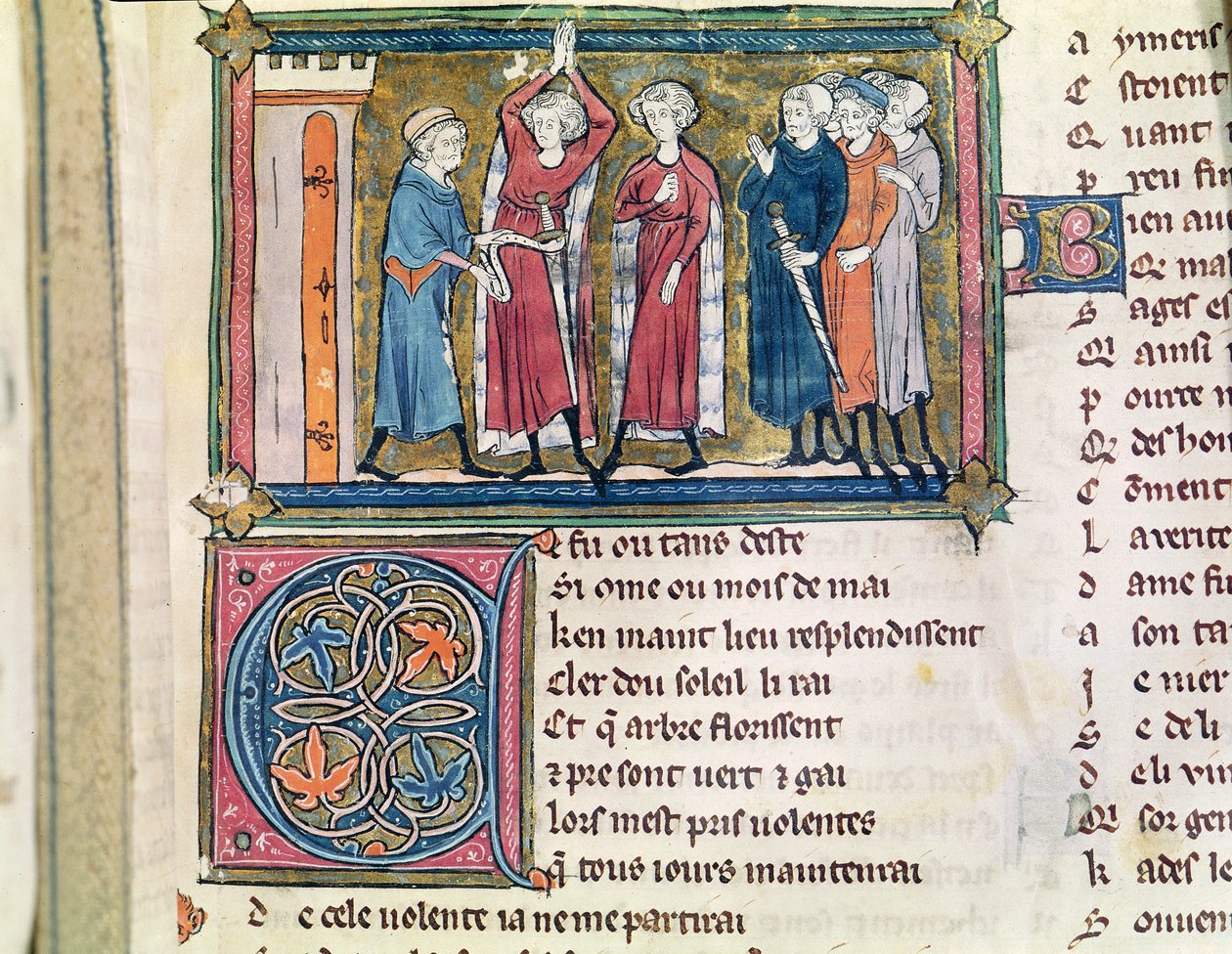 Ms 3142 fol.179 Bewaffnung eines Ritters, aus Recueil de Poesies Francaises, ca. 1280-90 von French School