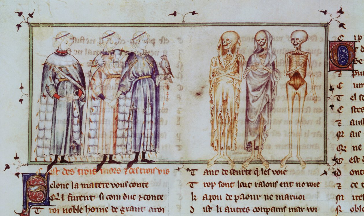 Ms 3142 fol.311r Die Geschichte der drei Lebenden und der drei Toten, aus Recueil de Poesies Francaises, um 1280-90 von French School