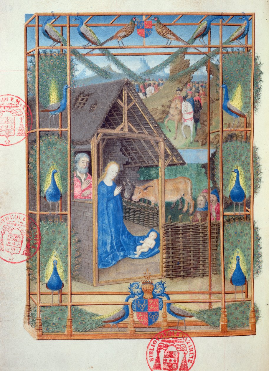 Ms 473 Die Geburt Christi mit Pfauen, Miniatur aus den Heures de Charles de France, ca. 1466-69 von French School