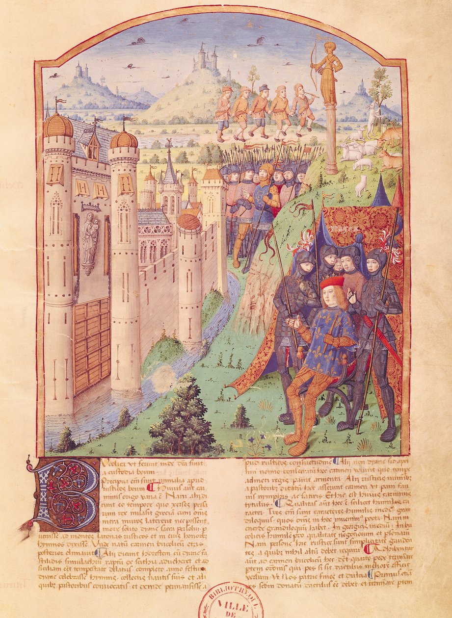 Die Werke von Virgil mit Kommentar von Servius, Die Bukolik, König auf seinem Thron umgeben von seinen Wachen vor einer befestigten Stadt, Frankreich, 1469 von French School