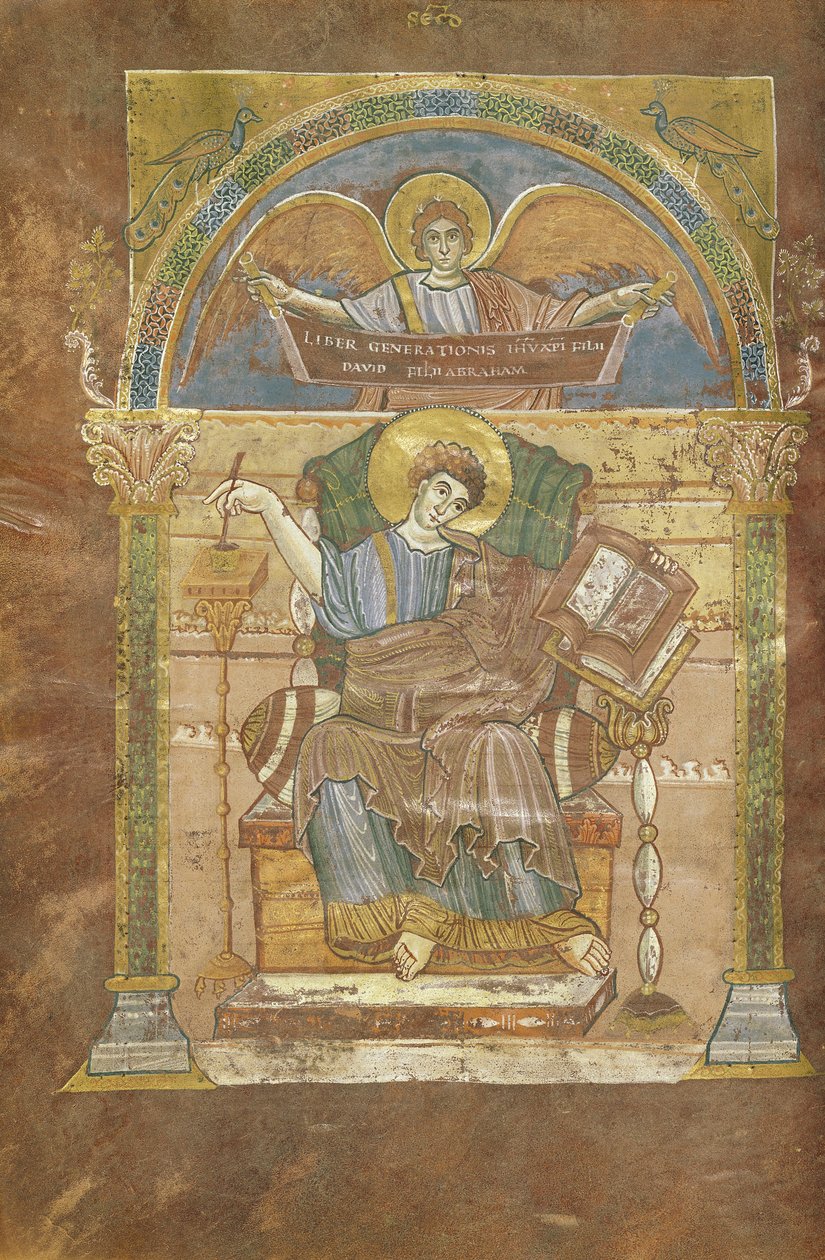 Ms 4 fol.17v St. Matthäus, aus dem Evangelium von St. Riquier, ca. 800 von French School